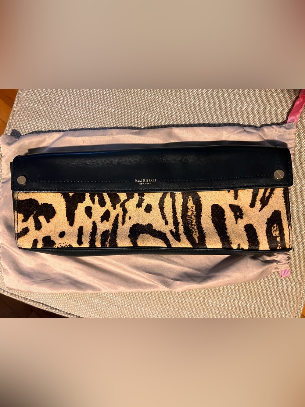Isaac Mizrahi Black and Cream Animal Print Leather Clutch